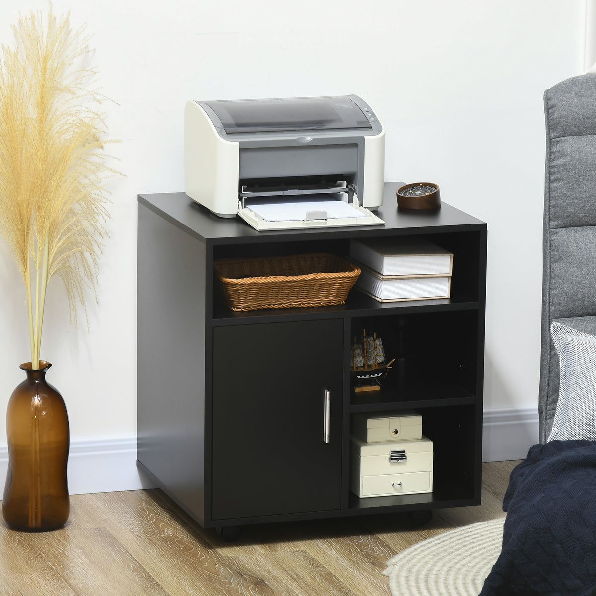 Support d'imprimante organiseur bureau caisson placard porte 3 niches + grand plateau panneaux particules noir-1