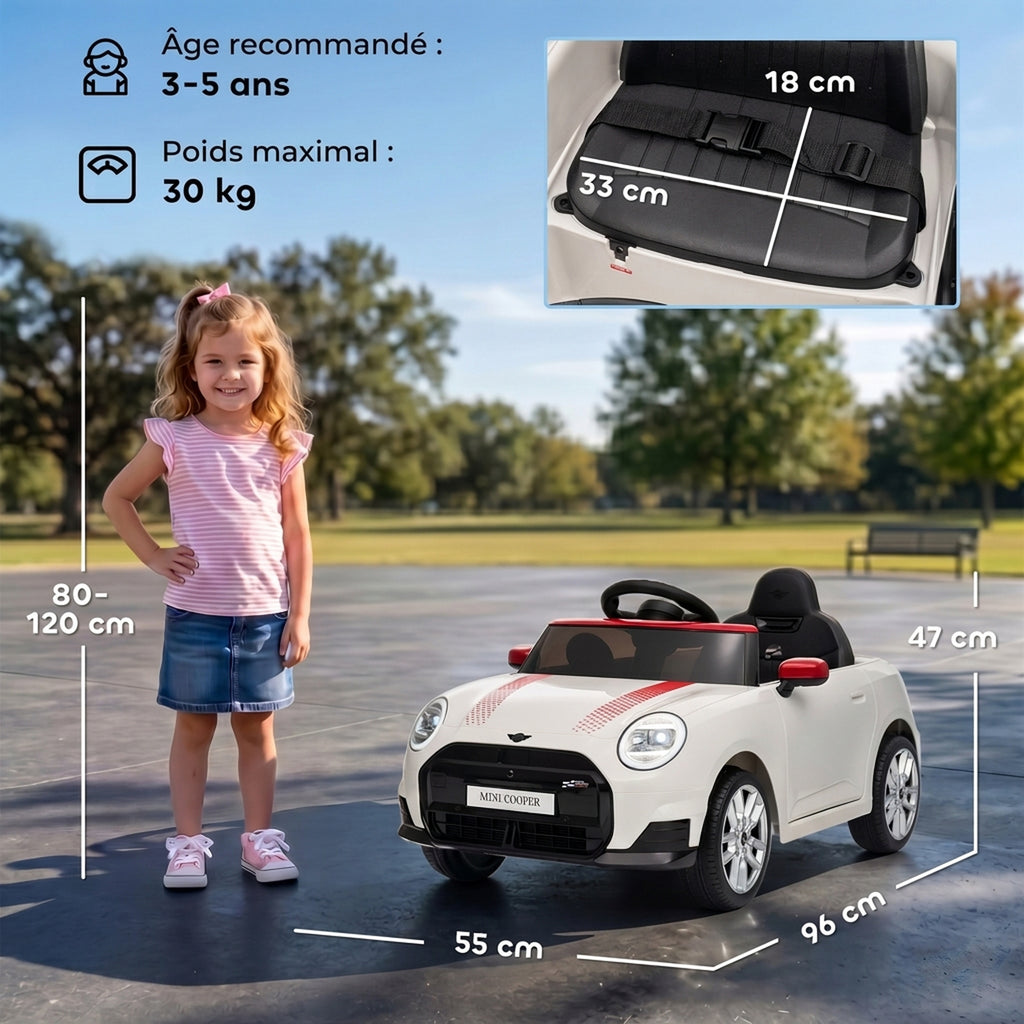 Voiture Électrique Enfants 12V MINI Cooper, Véhicule Électrique, 3-6 km/h, 2 Moteurs, Télécommande, pour 3-5 Ans, Blanc-2