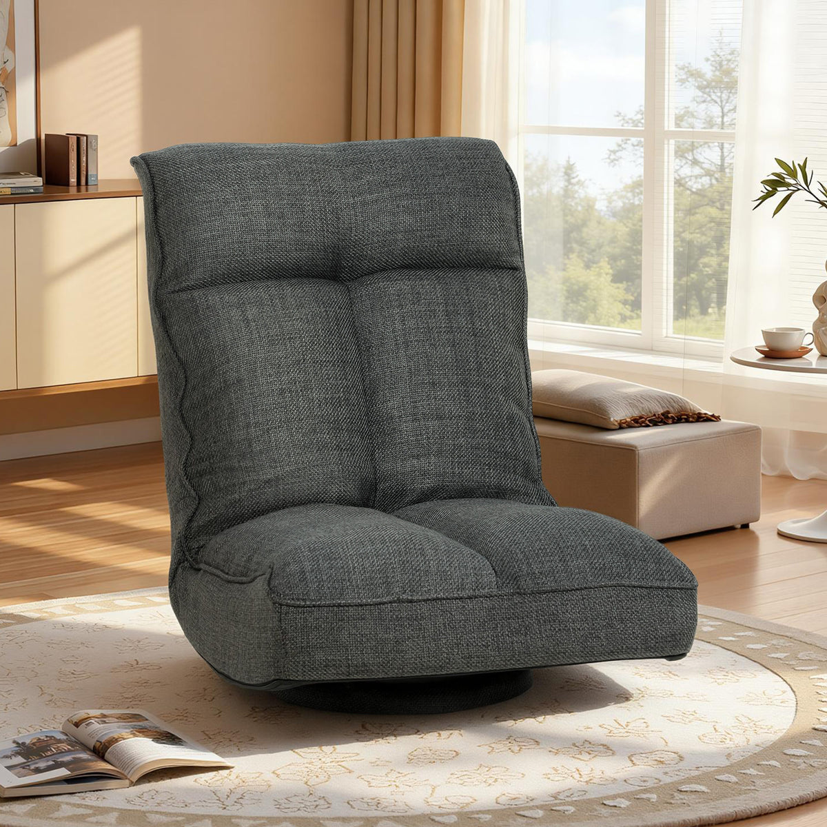 Fauteuil de sol pliable pivotant à 360°, chaise de sol rembourré avec dossier réglable en 5 positions, 58x107x79cm, gris-9