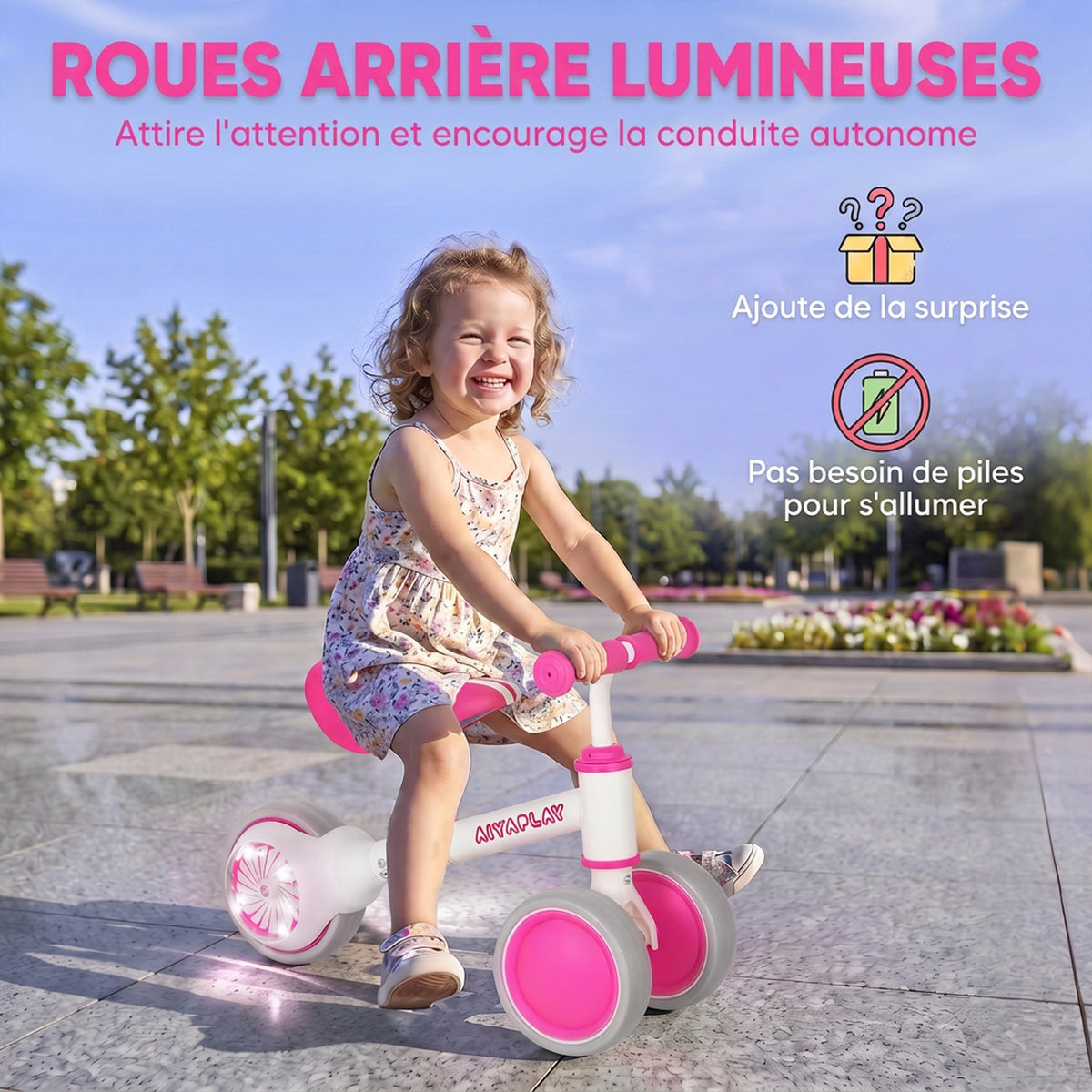 Draisienne Bébé 1-2 ans, Roue lumineuse, 3 Roues EVA Silencieuses sans Pédale, Limiteur Direction 135°, 51x22x36cm, Rose-3