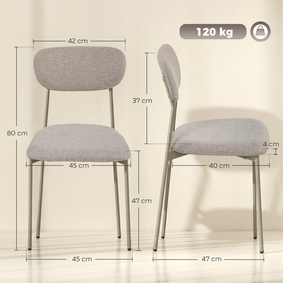 Lot de 2 chaises de salle à manger modernes, chaises de cuisine empilables en tissu effet lin, marron clair-2