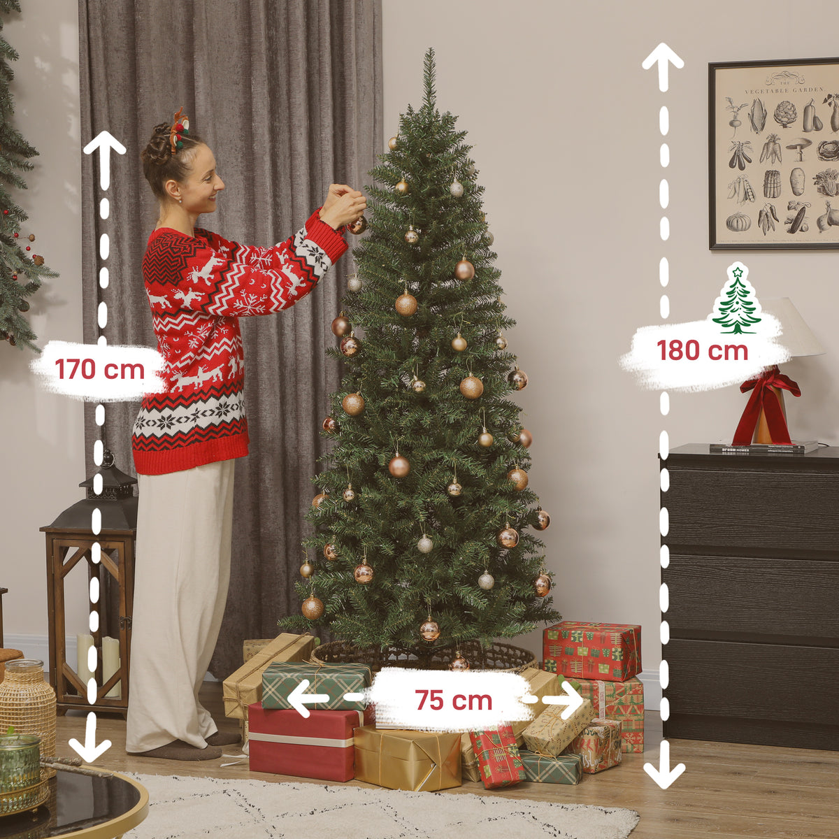Sapin de Noël artificiel 180 cm, arbre de Noël fin avec 250 lumières, 899 pointes, support en métal pliable, vert-2