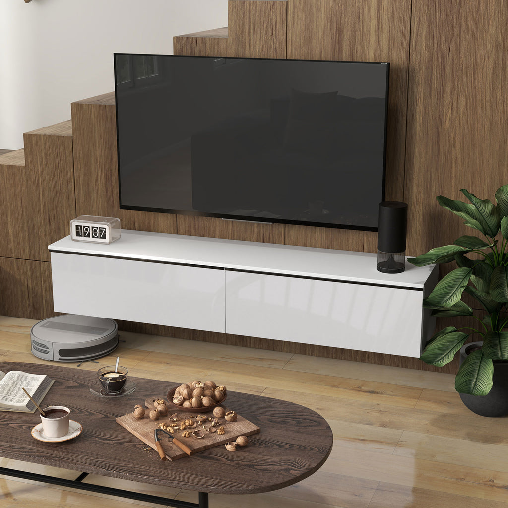 Meuble TV suspendu avec placard, pour téléviseurs jusqu'à 70 pouces, effet brillant, blanc-6