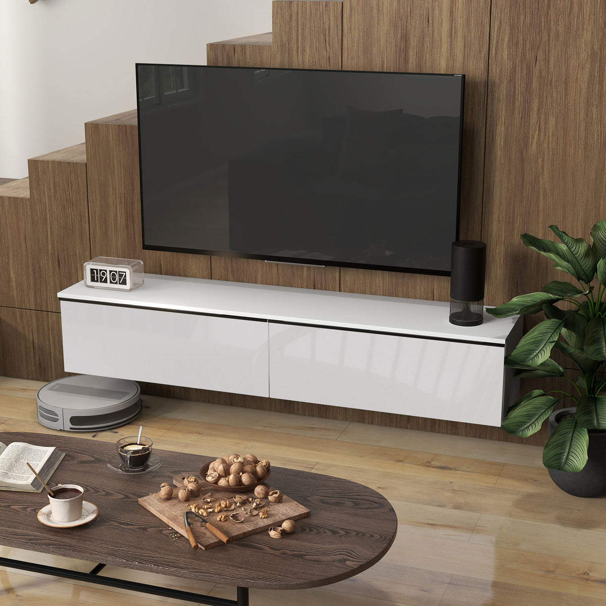 Meuble TV suspendu avec placard, pour téléviseurs jusqu'à 70 pouces, effet brillant, blanc-6