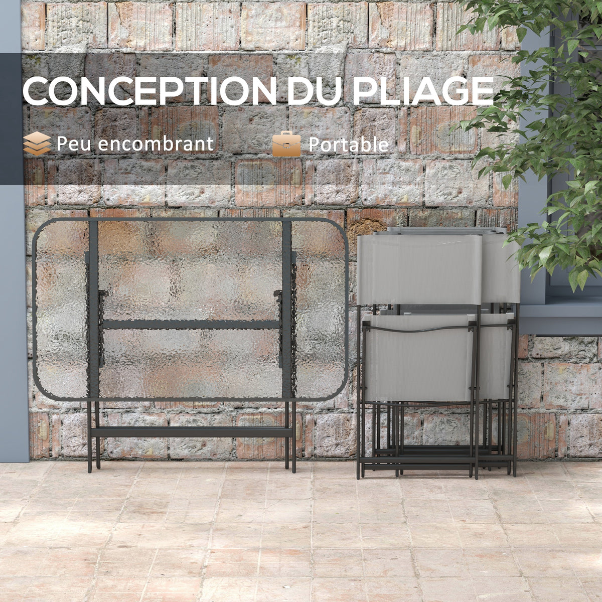 Ensemble de jardin 4 chaises + 1 table salon de jardin 5 pièces pilables chaises textilènes plateau en verre trempé gris-4