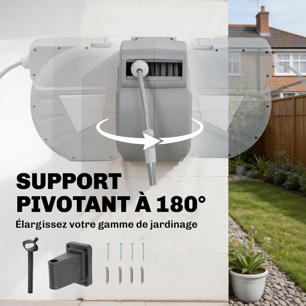 Enrouleur Tuyau Arrosage Mural 30+2 m x Ø 15mm, Dévidoir de Tuyaux d'Eau Rétractable Automatique Pivotant à 180°, Gris-5