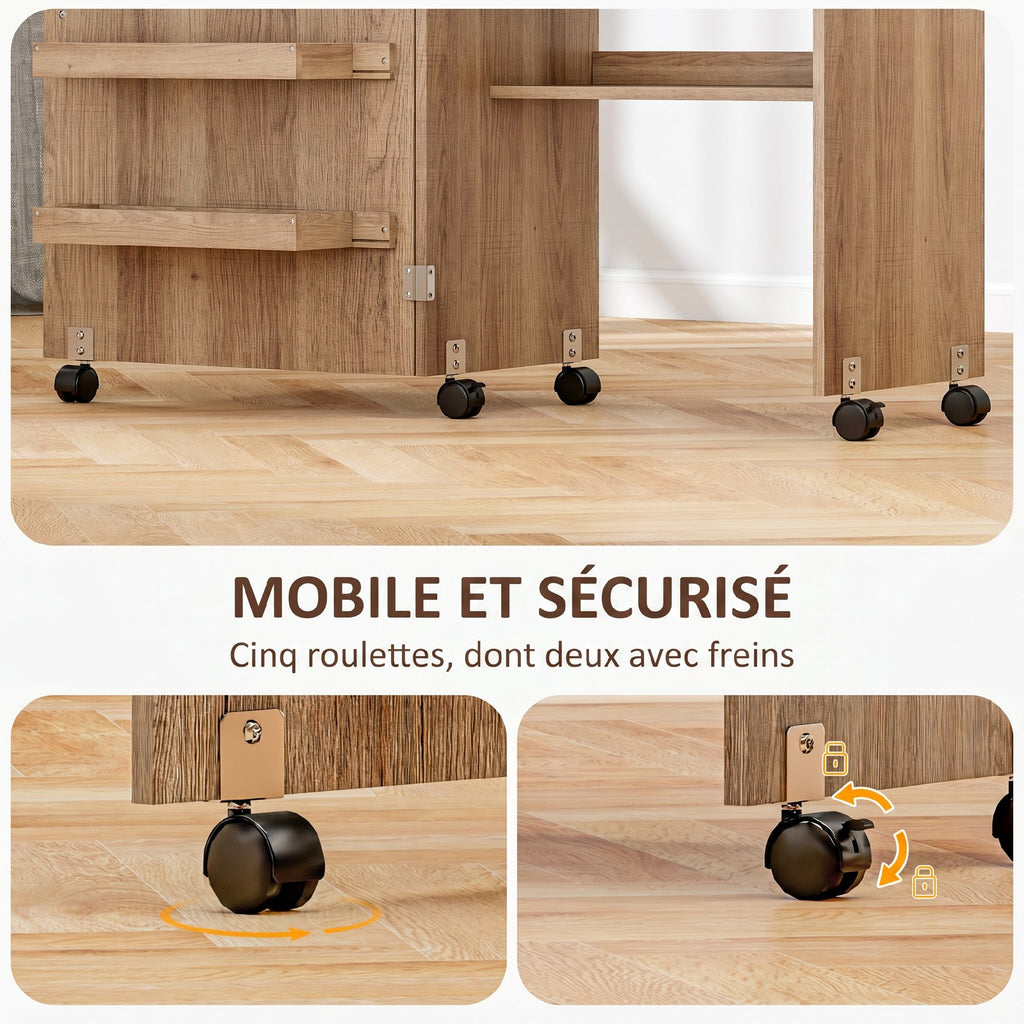 Table de couture pliante meuble couture à abattant avec bacs de rangement, étagère ouverte et roulettes, marron-6