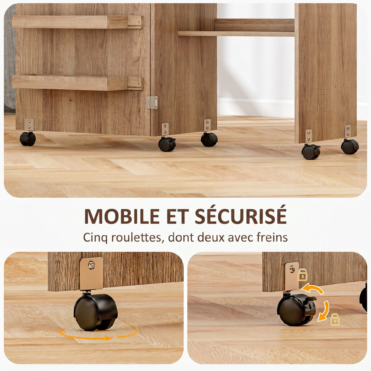 Table de couture pliante meuble couture à abattant avec bacs de rangement, étagère ouverte et roulettes, marron-6