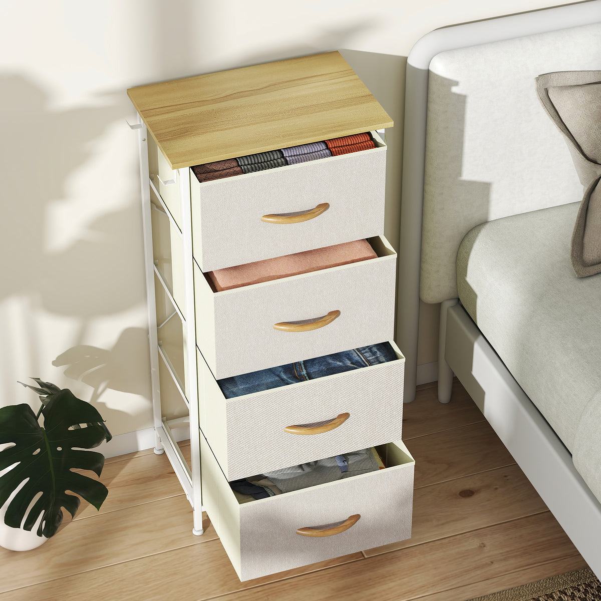 Commode 4 tiroirs en tissu, meuble de rangement avec 4 poches, 2 crochets, structure en acier, 45 x 30 x 94,5 cm, beige-7