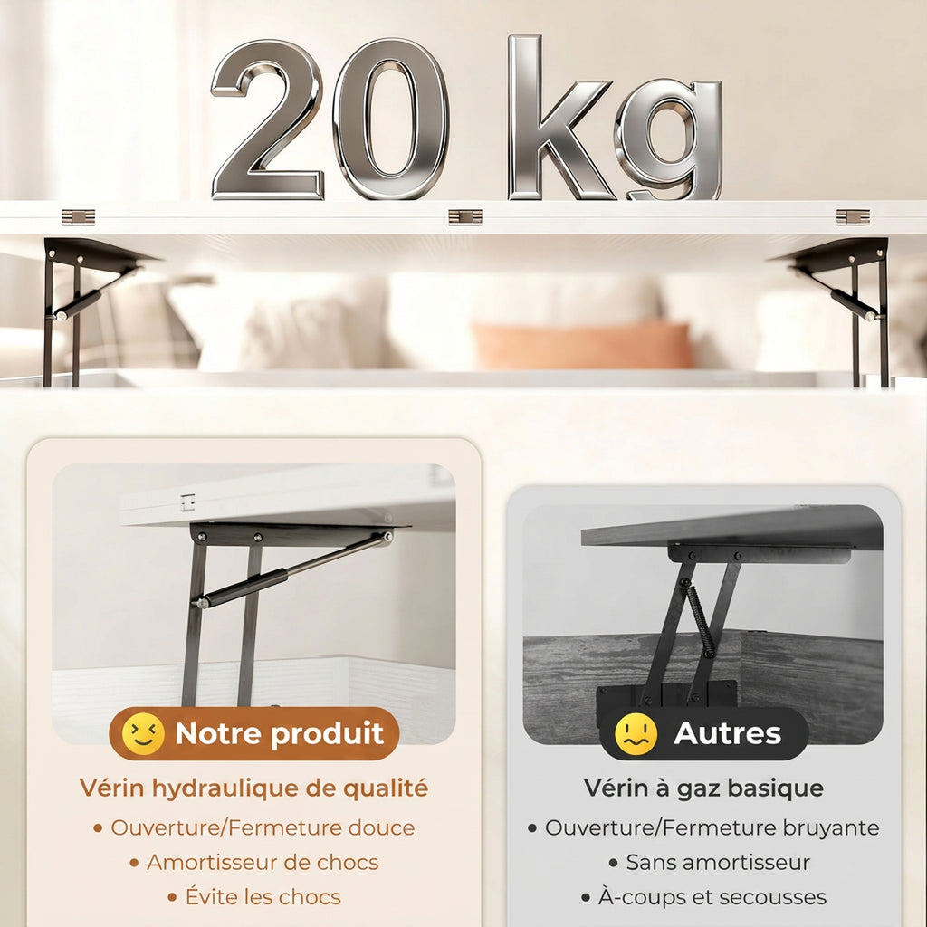 Table basse relevable et extensible table de salon avec compartiment caché étagère ouverte 100x45x50,5cm blanc-5