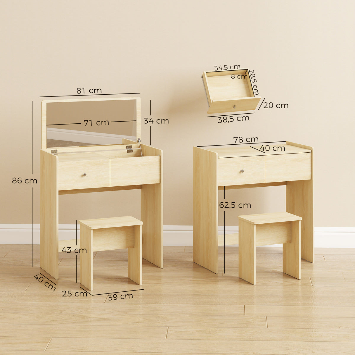 Coiffeuse Bureau 2 en 1 avec Miroir Rabattable et Tabouret, Table de Maquillage avec Tiroir et 6 Compartiments, Chêne-2