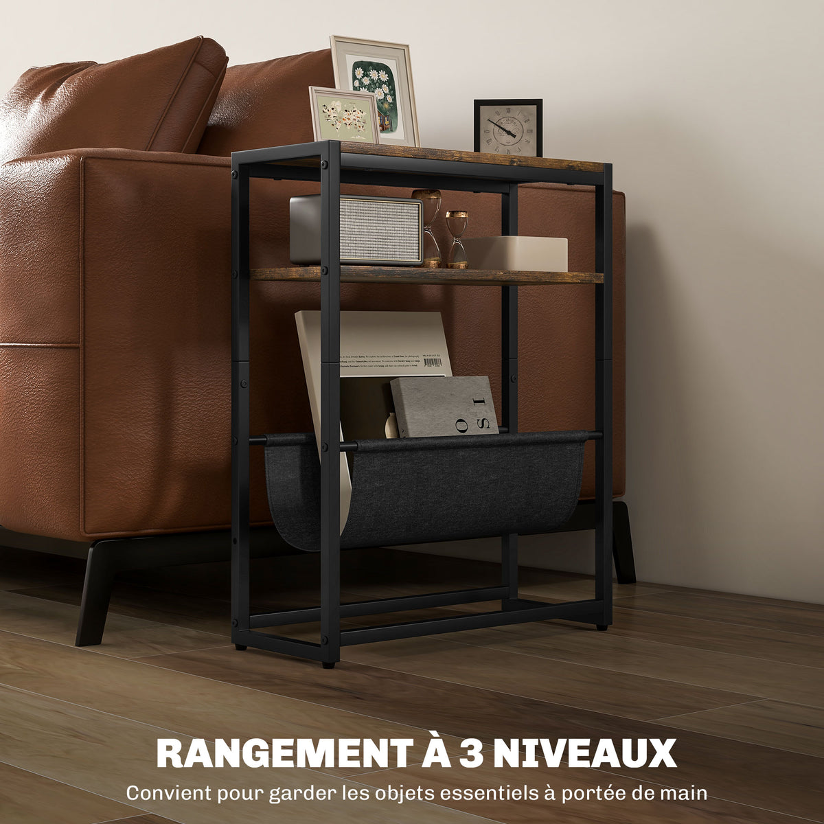 Table d'appoint bout de canapé avec étagère et porte-revues structure en acier design industriel - 43l x 18P x 56H cm-3