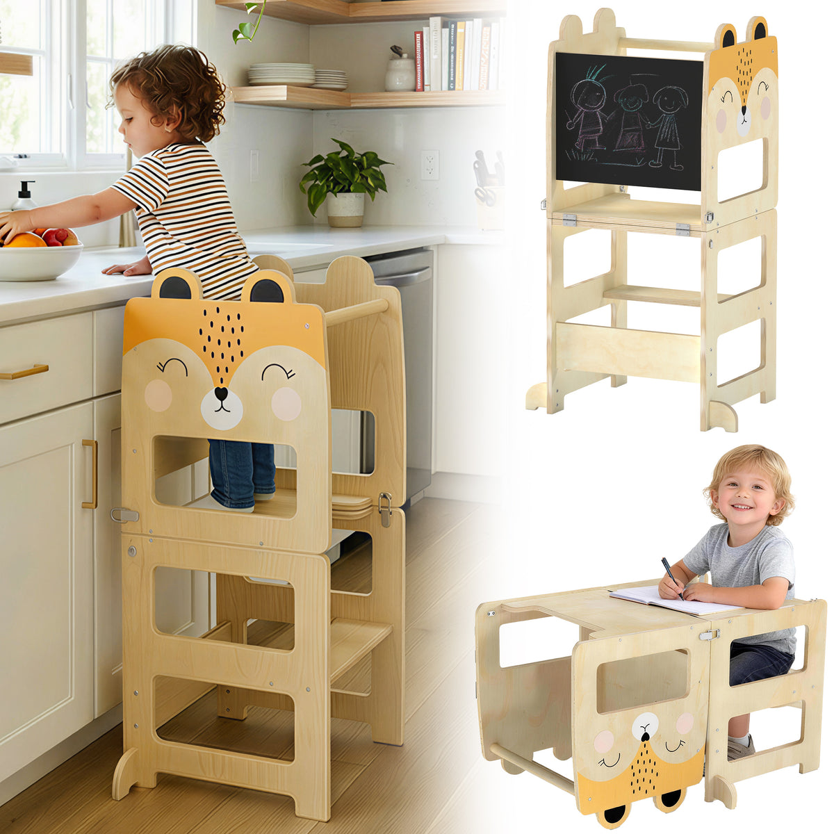 Tour Montessori pour enfants 2-5 ans avec tableau et table, en bois, 57x39x93 cm, couleur Bois-4