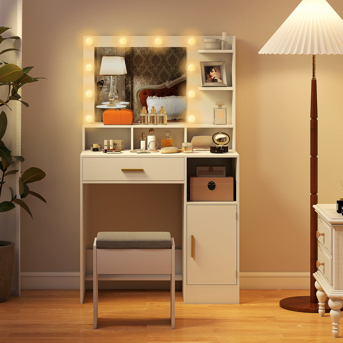 Coiffeuse avec miroir et 10 lumières LED, luminosité réglable, tiroir, placard et étagères ouvertes, 80x40x135cm, blanc-8
