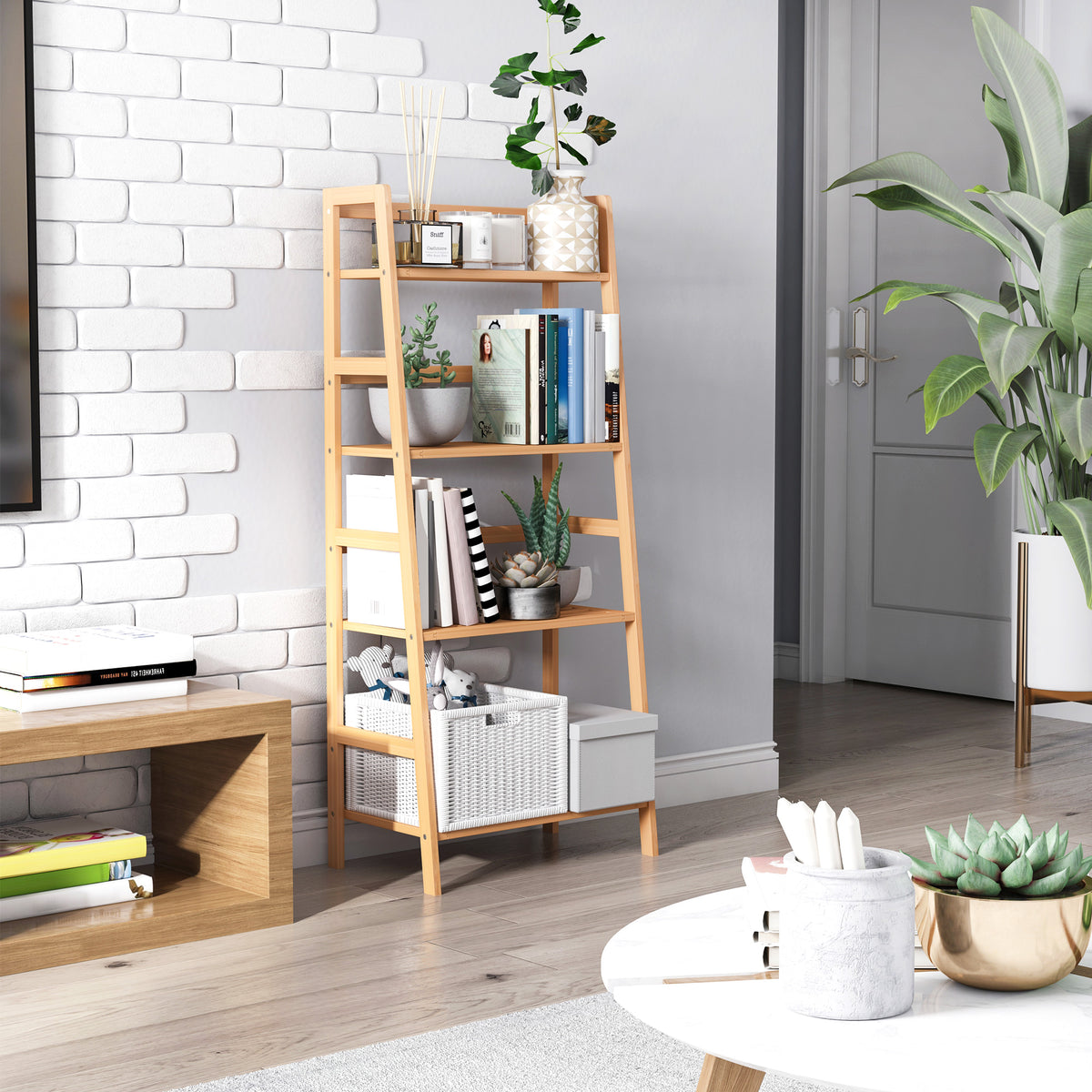 Etagère échelle en bambou 4 niveaux bibliothèque style naturel 48L x 31,5l x 120H cm-9
