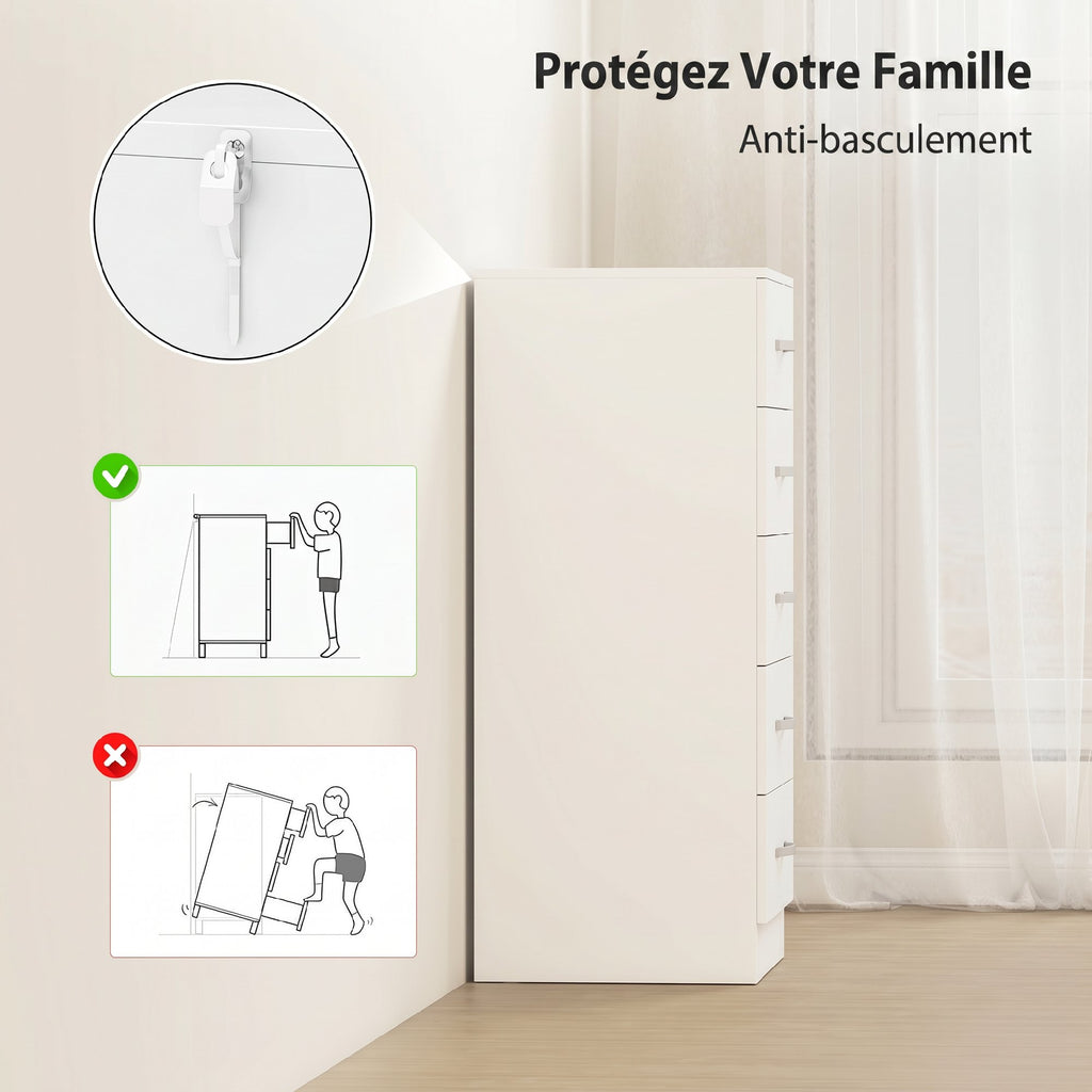 Commode 5 tiroirs, meuble de rangement étroit, style moderne, pour chambre à coucher, salon, couloir, 40x35x85cm, blanc-4