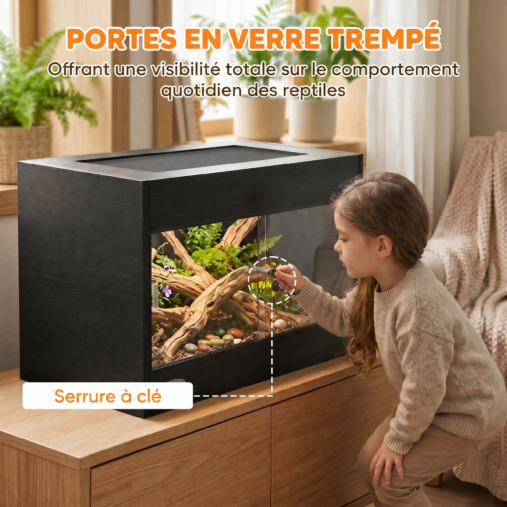 Terrarium pour Reptiles en Bois OSB, Porte en Verre Trempé, Serrure Sécurisée et Couvercle en Filet, 60x45x45cm, Noir-4