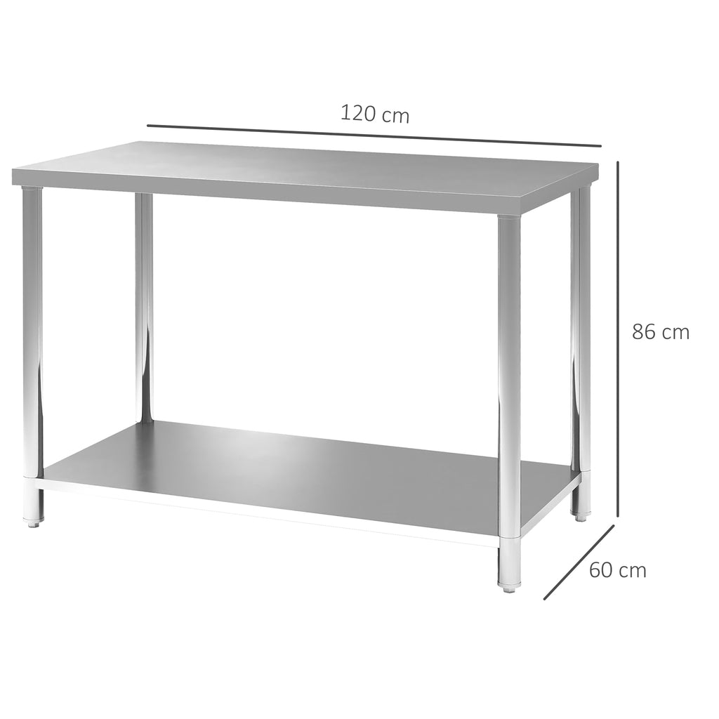 Table de travail, établi d'atelier en acier inoxydable 2 étagère, pour atelier, garage, hangar, 120x60x86cm, argenté-2