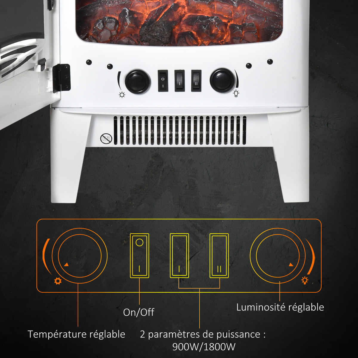 Cheminée électrique poêle Style néo-rétro 900-1800 W Simulation Flammes LED luminosité réglable Acier ABS Blanc-5
