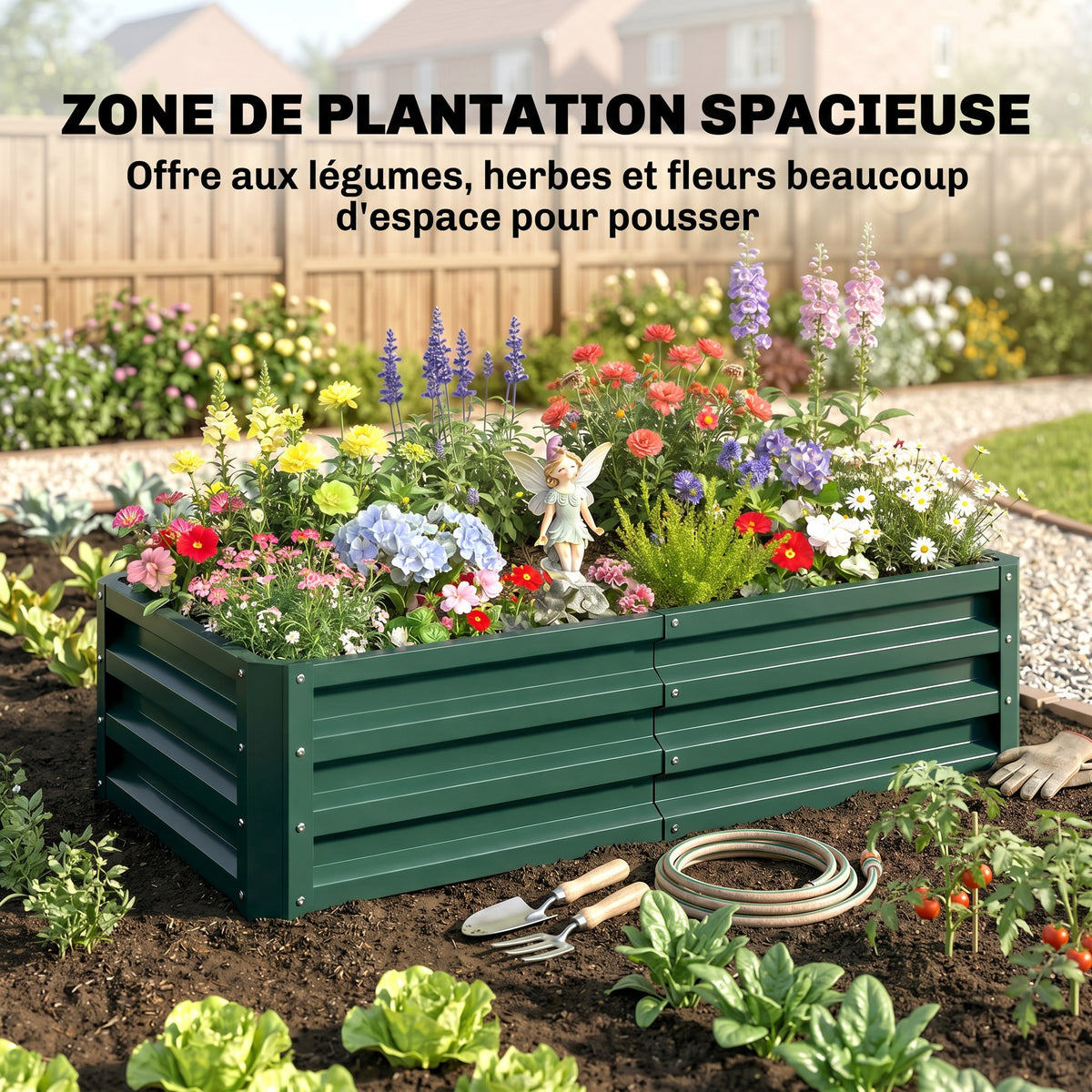Carré potager de jardin rectangulaire tôle d'acier ondulée 120 x 60 x 30 cm vert foncé-3