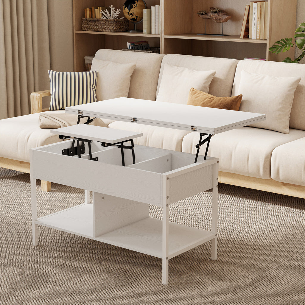Table basse relevable et extensible, table de salon avec compartiment caché étagères ouvertes, 98x49x55cm, blanc-1