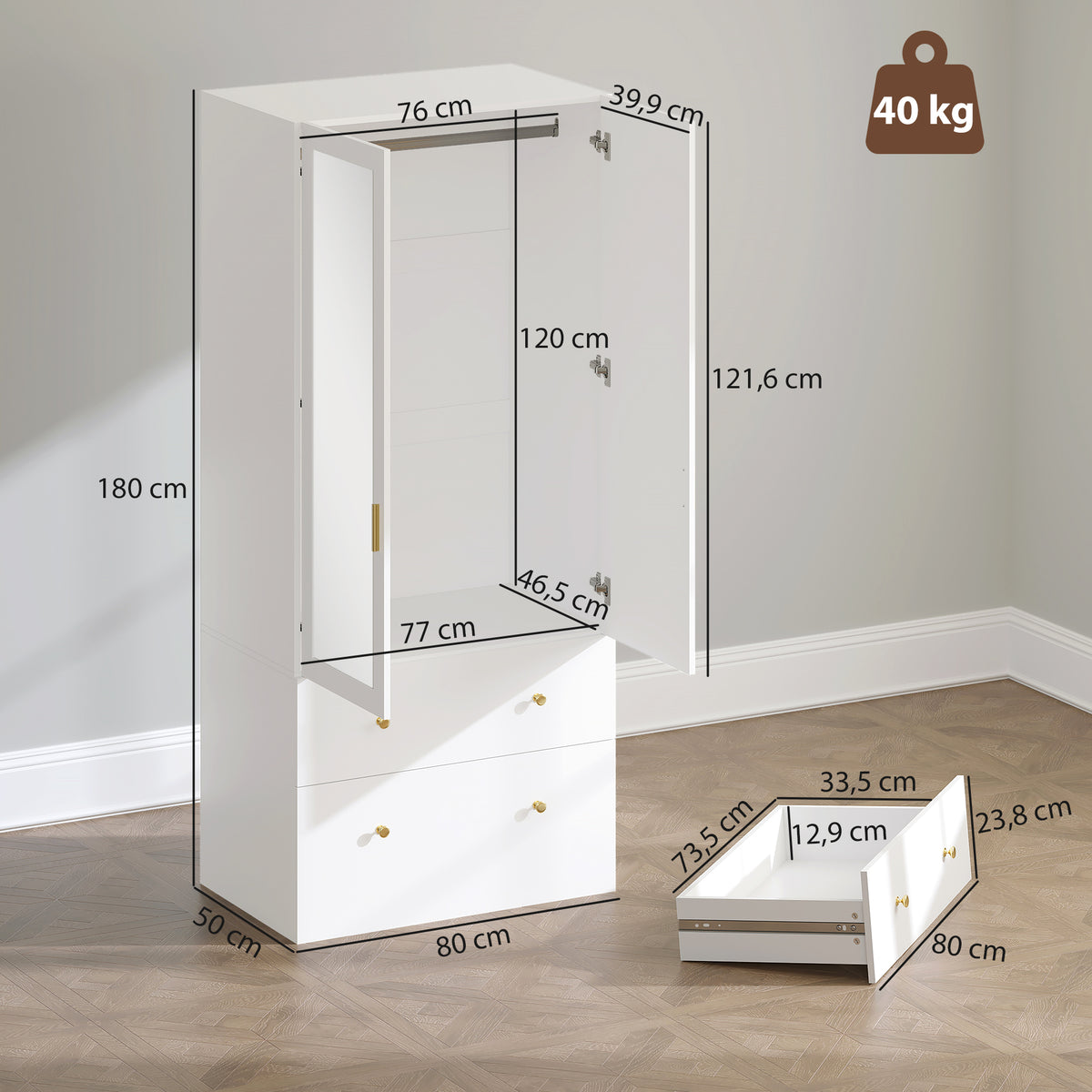 Armoire chambre penderie avec miroir, 2 portes, 2 tiroirs et barre de suspension, 80 x 50 x 180 cm, blanc-2