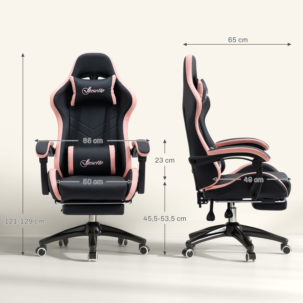 Chaise gaming fauteuil gaming ergonomique avec dossier inclinable à 135° et soutien lombaire, 65 x 65 x 121-129 cm rose-2