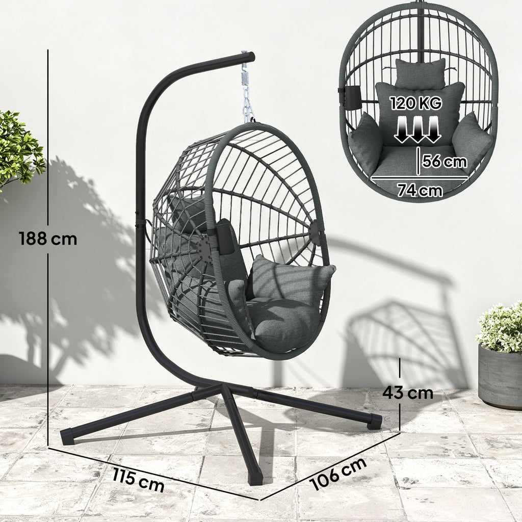 Fauteuil œuf suspendu, chaise hamac balançoire intérieur et extérieur, panier pliable, coussin rembourré, gris-2