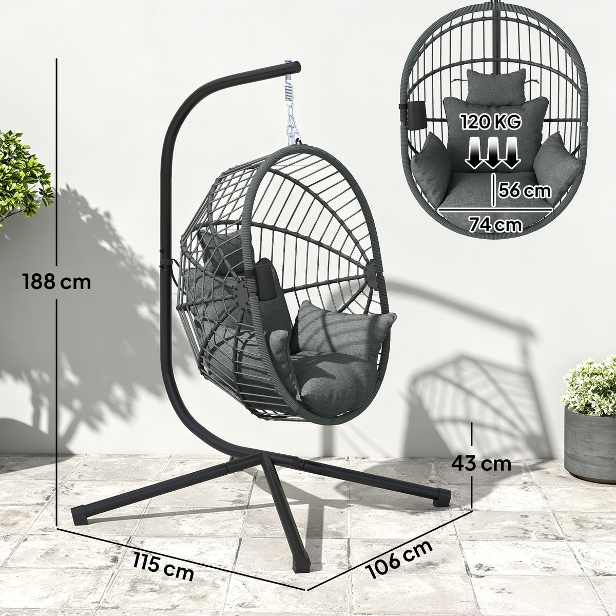 Fauteuil œuf suspendu, chaise hamac balançoire intérieur et extérieur, panier pliable, coussin rembourré, gris-2