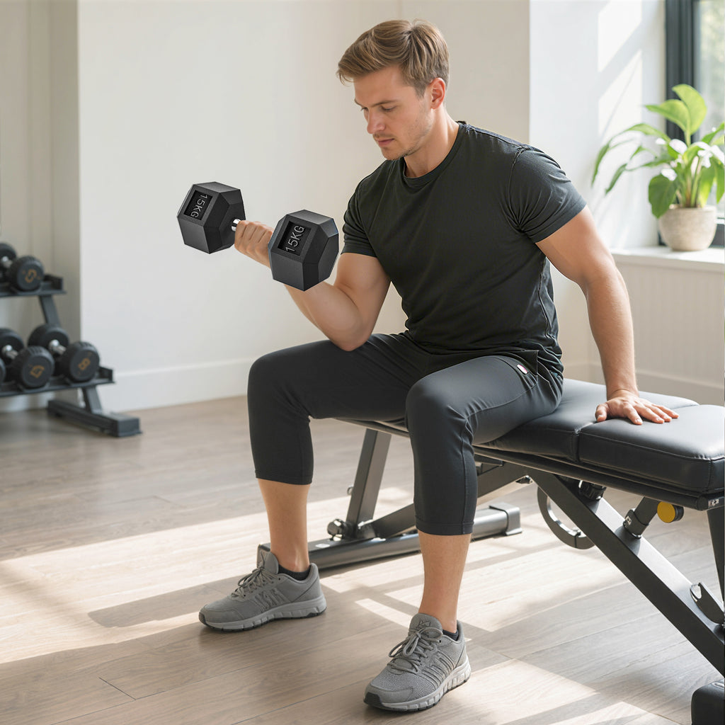 Haltère courte poids 15 Kg - 1 pièce, Haltère hexagonale entraînement musculaire & haltérophilie - métal caoutchouc noir-1
