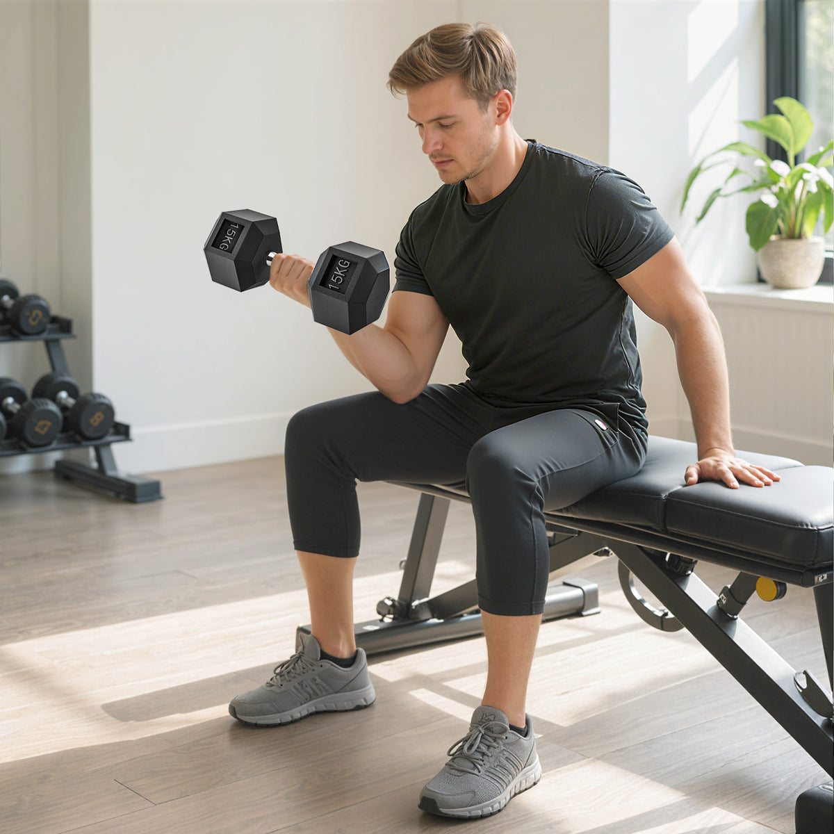 Haltère courte poids 15 Kg - 1 pièce, Haltère hexagonale entraînement musculaire & haltérophilie - métal caoutchouc noir-1