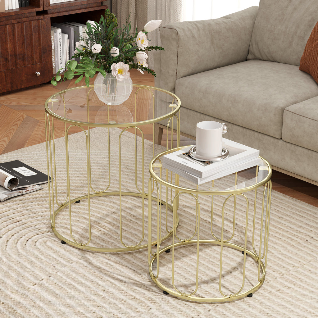 Lot de 2 tables basses gigognes rondes modernes avec cadre en métal et plateau en verre, ton doré-6