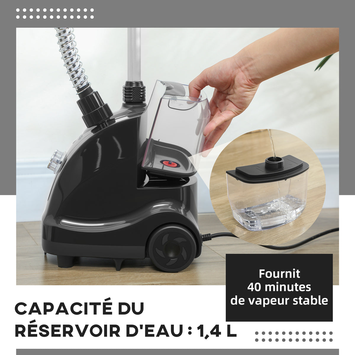 Défroisseur vapeur vertical défroisseur à vêtements 1,4 L 1950 W débit vapeur 30g/min tige telescopique noir-3