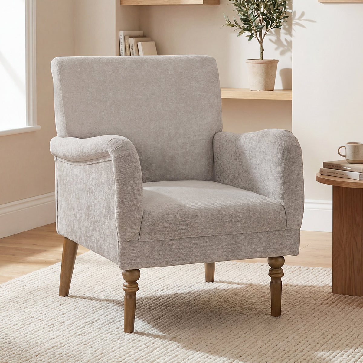 Fauteuil de salon, canapé 1 place avec dossier haut, accoudoirs, assise large, pieds en bois d'hévéa, tissu en lin, gris-1