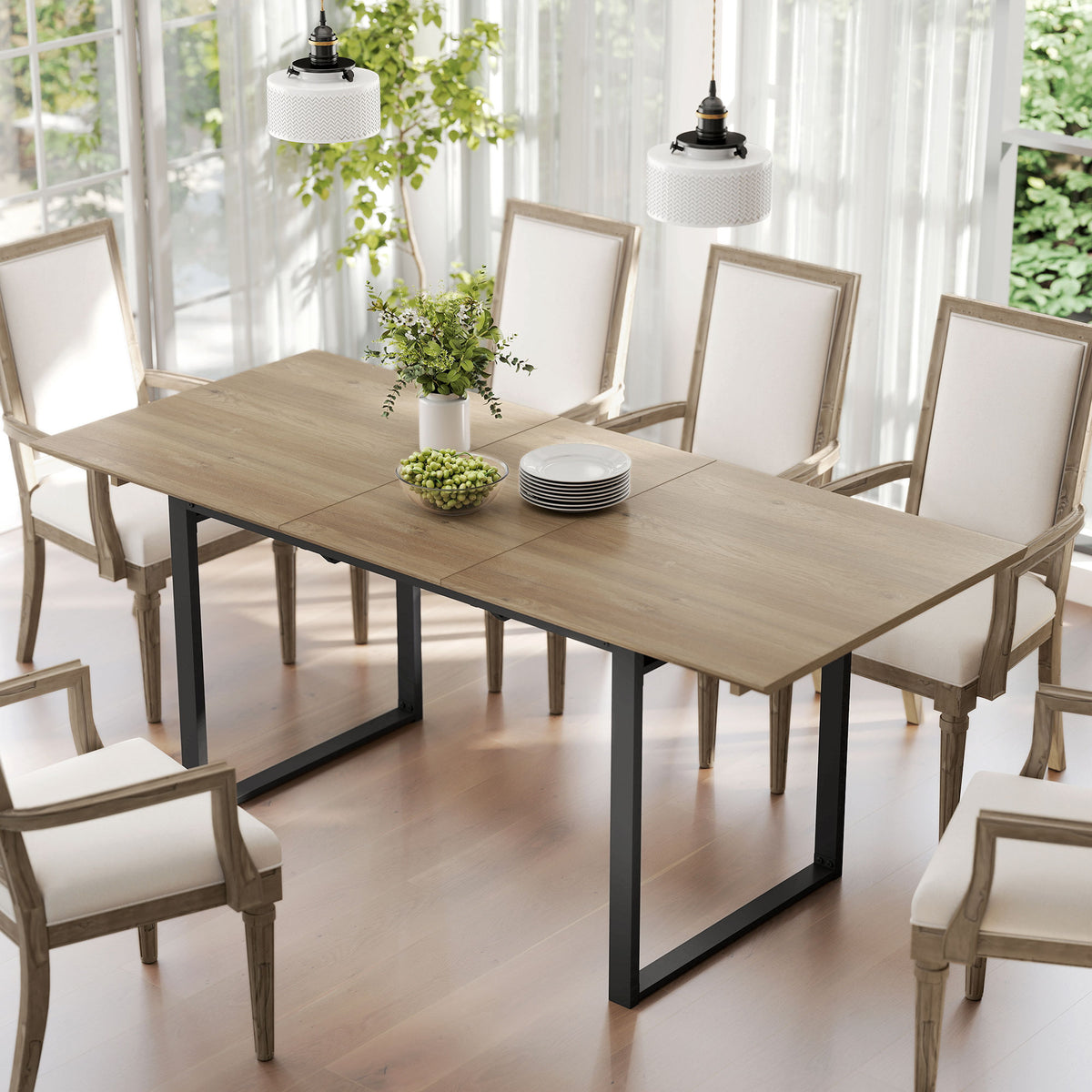 Table à manger extensible rectangle pour 6 à 8 personnes, table de cuisine avec rallonge 140-180 cm, effet bois naturel-9