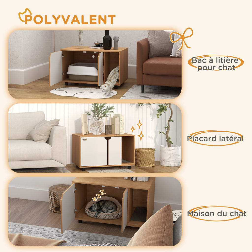 Meuble à litière maison de toilette sur pieds pour chat 2 en 1 portes style scandinave 80 x 48 x 48 cm naturel et blanc-5