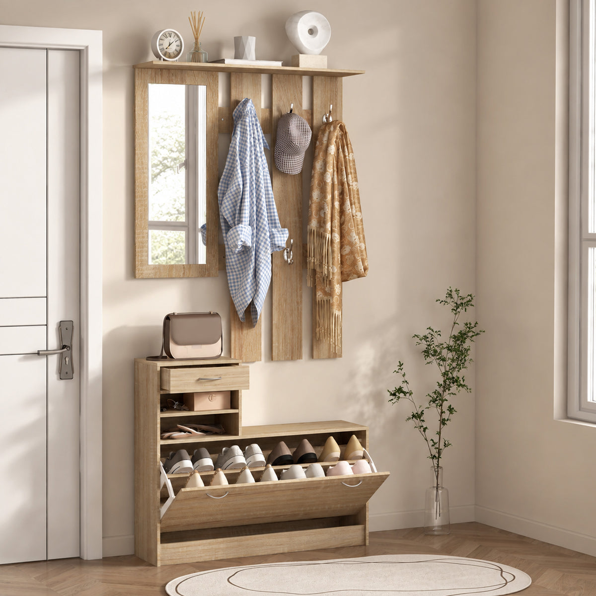 Meuble d'entrée vestiaire panneau porte-manteau, miroir et banc à chaussures - 6 crochets 90x10x91cm effet bois naturel-6