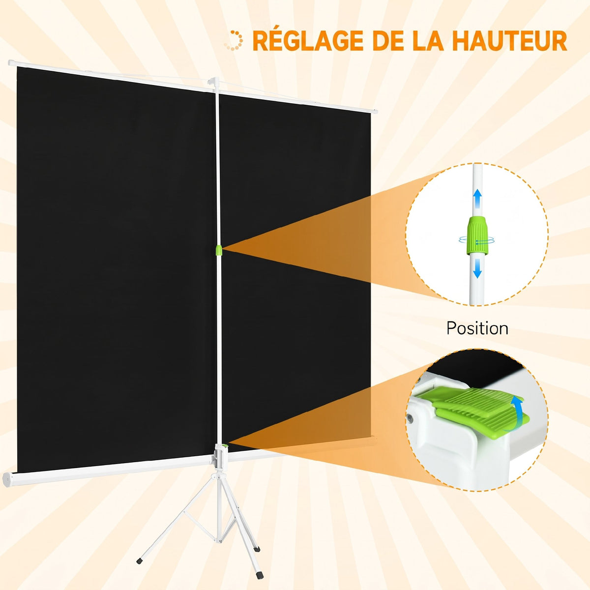 Écran de projection avec trépied pliable 120 pouces 4K HD 4:3, écran vidéoprojecteur réglable en hauteur, blanc-4