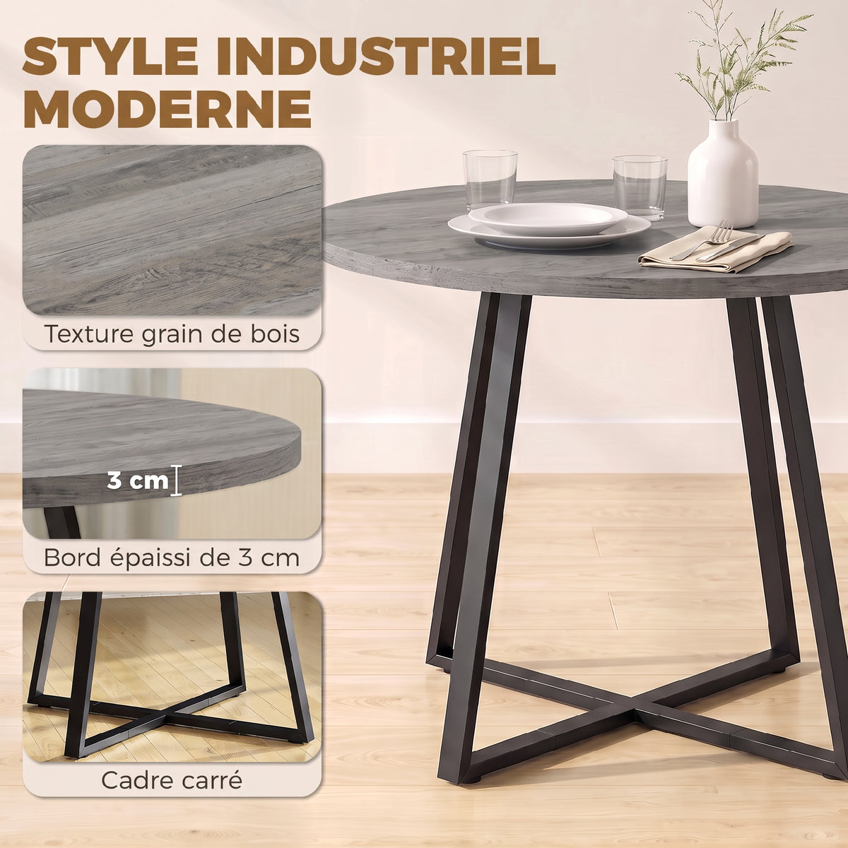 Table à Manger Ronde pour 4 Personnes Ø 100 cm, Cadre Carré en Acier Carbone, Style Industriel, Effet Bois Gris-5