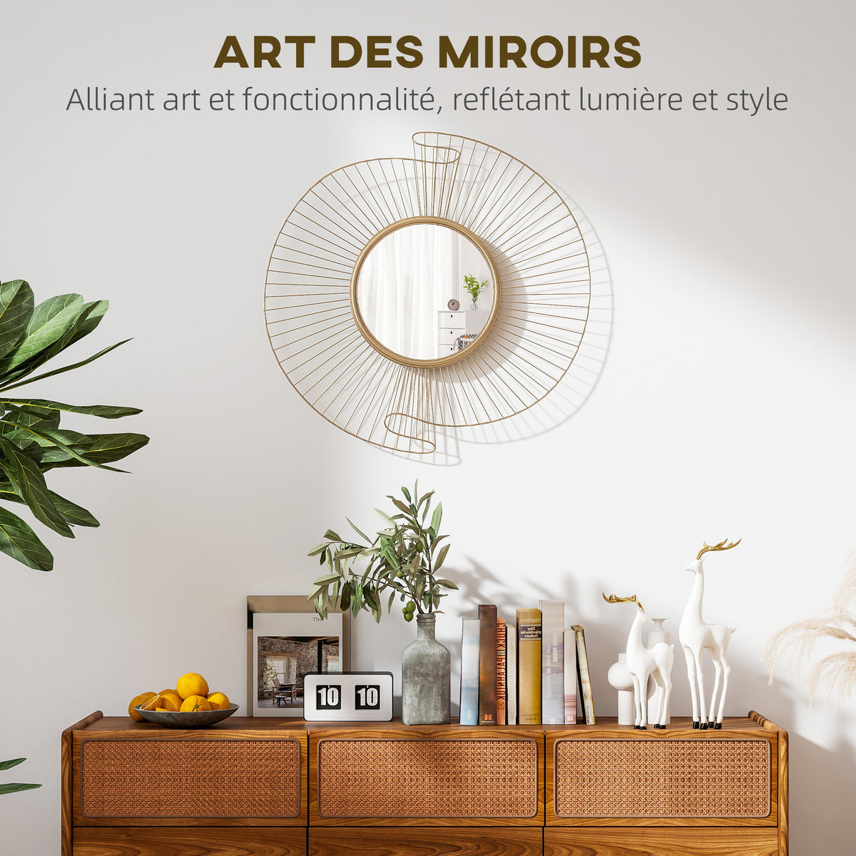 Miroir décoratif rond 60 cm avec fixation à 360°, décoration murale en métal moderne avec détails plissés, doré-3