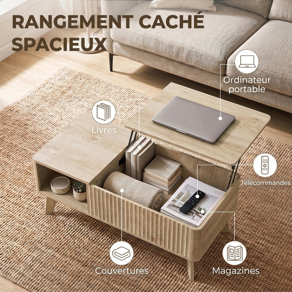 Table Basse Relevable, Compartiment Caché, 2 Étagères Ouvertes, Coins Arrondis, Style Mid-Century, 100x48x41cm, Chêne-4