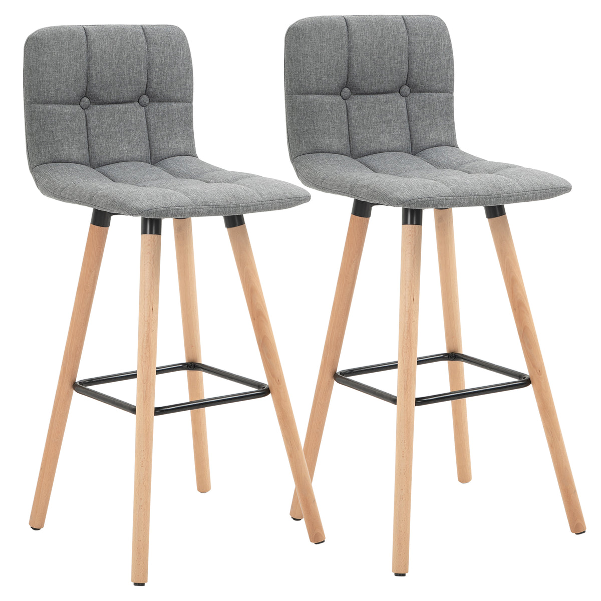Lot de 2 tabourets de bar, chaises de bar capitonnées avec dossier et repose-pieds, pieds en bois, 41,5x47x97,5cm, gris-0
