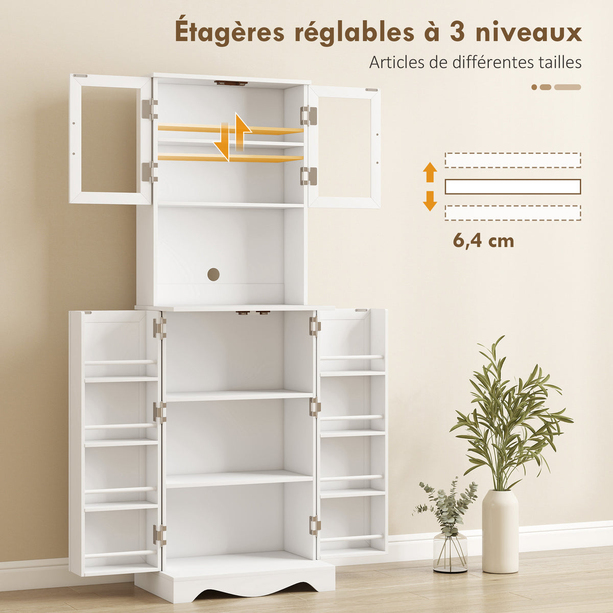 Buffet haut cuisine armoire de cuisine 4 portes 8 porte-épices plan de travail étagère réglable 60x39,5x179,6cm blanc-4