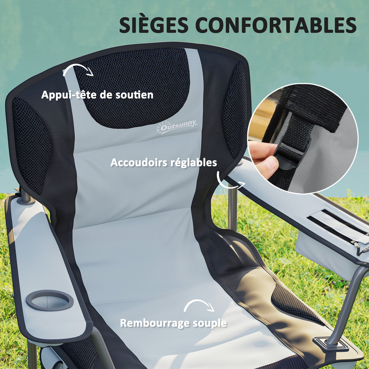 Chaise de camping pliante avec accoudoirs réglables, porte-gobelets, poches latérales et sac de refroidissement, noir-3