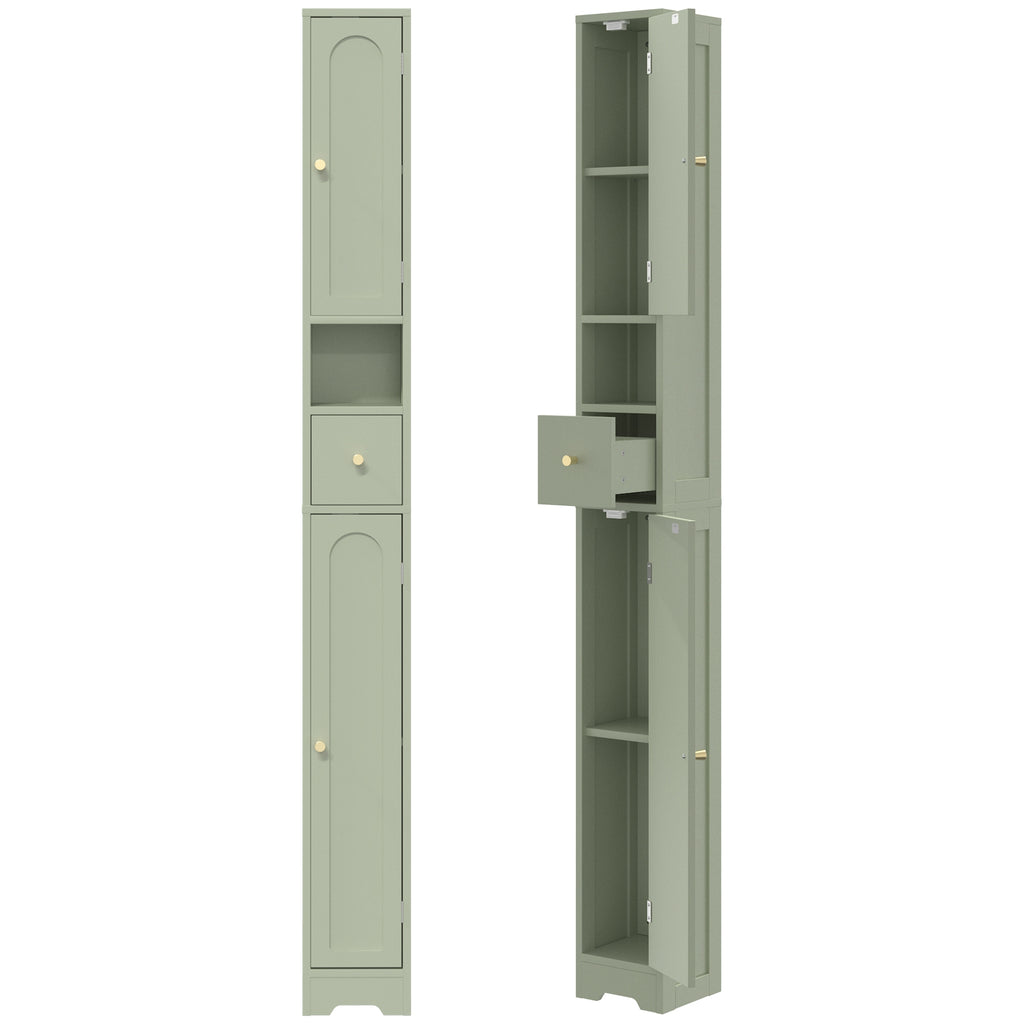 Meuble colonne salle de bain, meuble de rangement, 2 portes, tiroir, compartiment ouvert, étagère réglable, vert-0