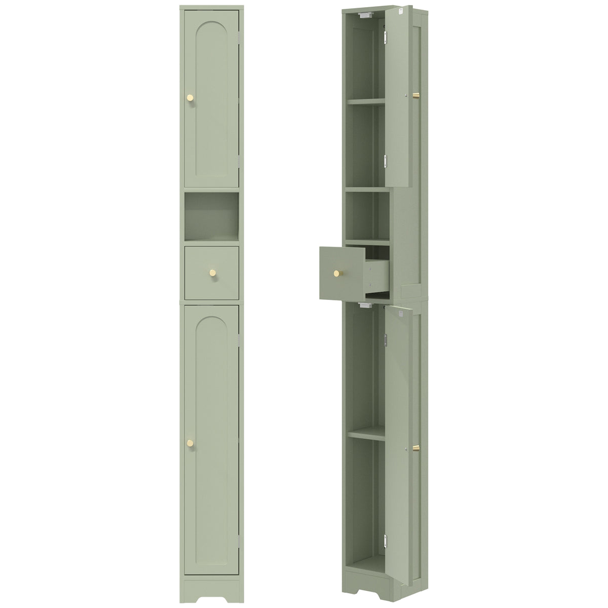Meuble colonne salle de bain, meuble de rangement, 2 portes, tiroir, compartiment ouvert, étagère réglable, vert-0