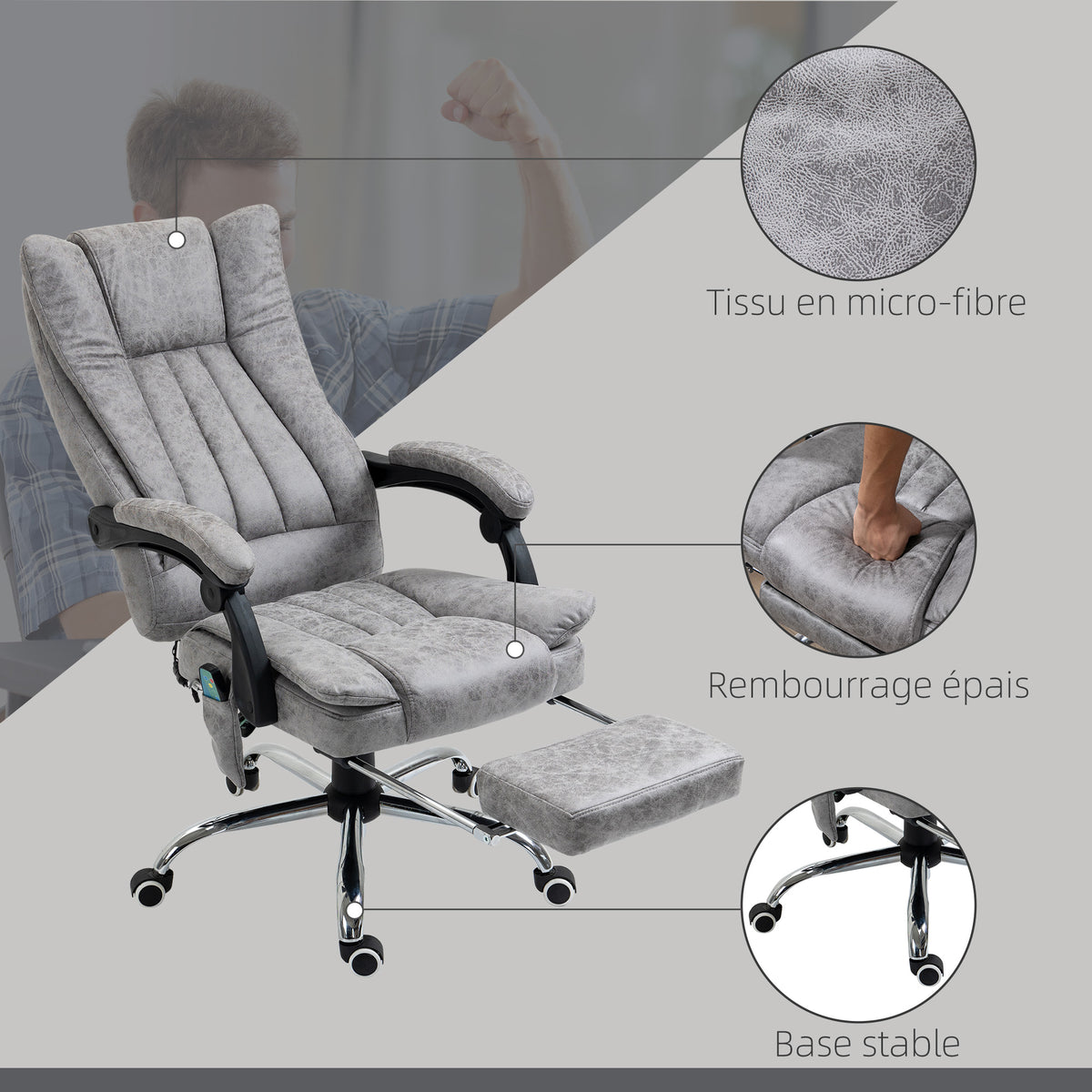Fauteuil de bureau massant et chauffant, chaise de bureau, chaise ergonomique avec hauteur réglable, dossier inclinable, repose-pied et télécommande filaire, pivotant à 360°, gris-6