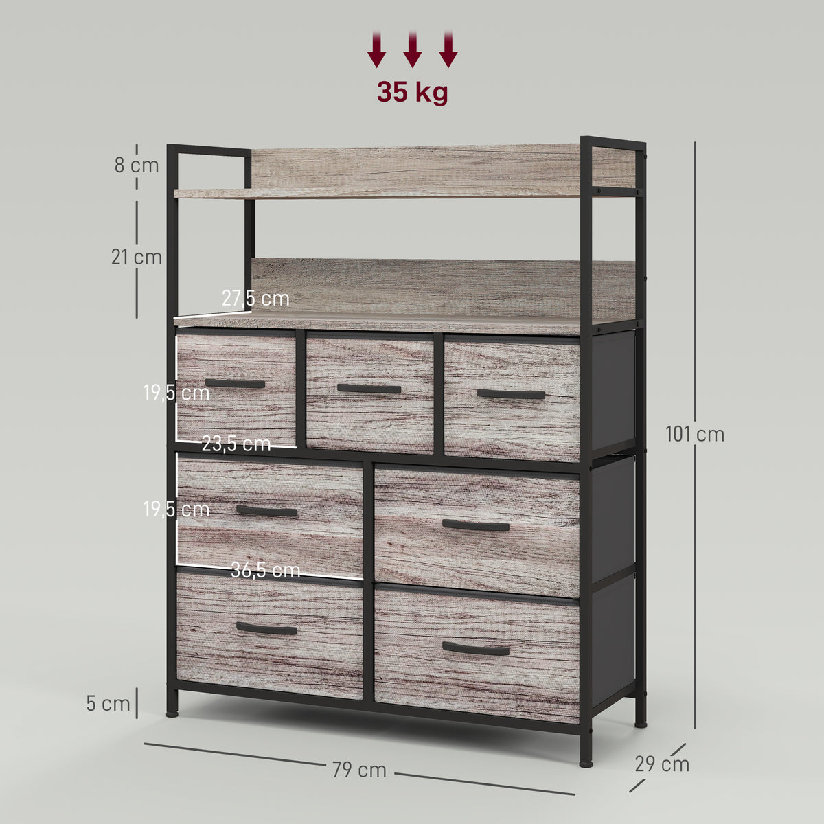 Meuble de rangement commode 7 tiroirs en tissu pliables et amovibles étagères ouvertes, gris-2