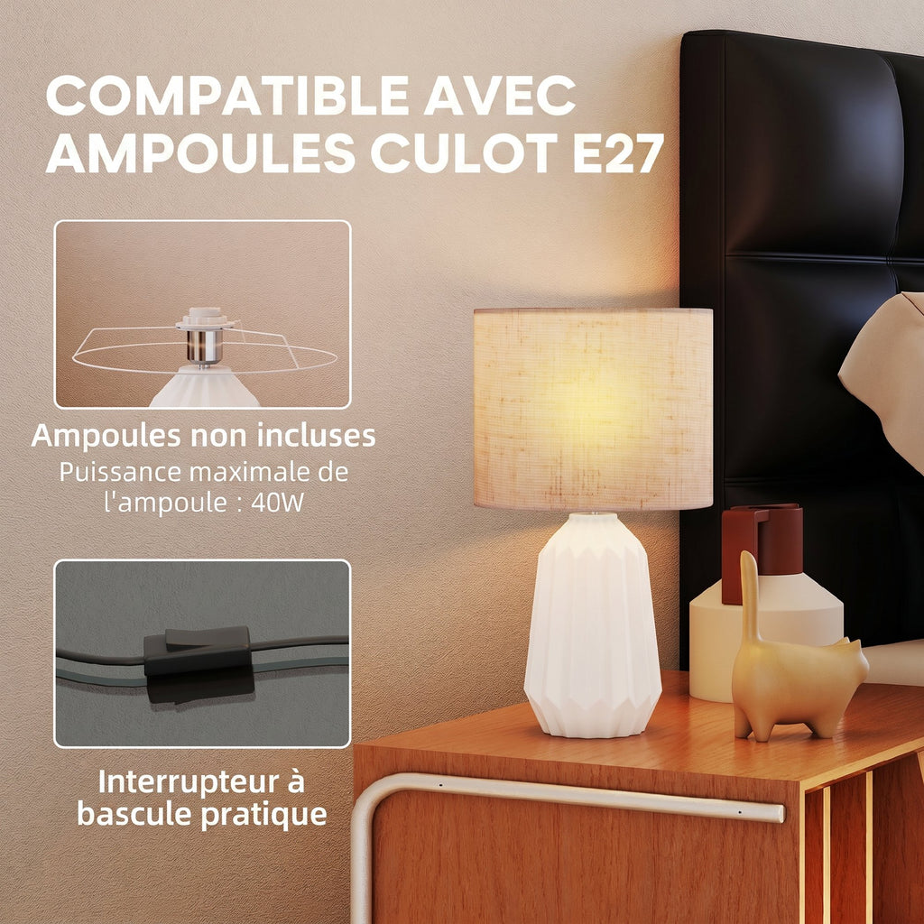 Lampe de Table avec Base en Céramique et Abat-Jour en Lin, Lampe de Chevet avec Interrupteur, Culot E27, Blanc et Beige-4