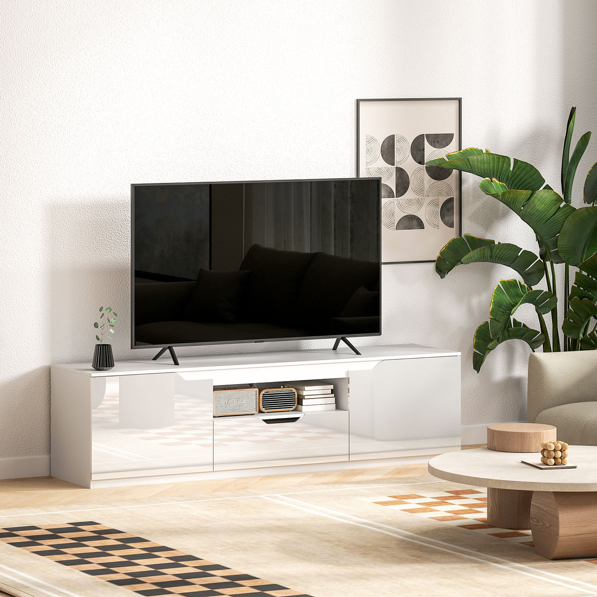 Meuble TV 160 cm, meuble télé pour téléviseur jusqu'à 65 pouces avec 2 portes et tiroir, blanc-7